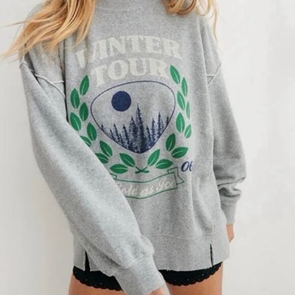 Aerie Cozy Chill Oversized Gray Terry Winter Graphic Distressed Sweatshirt Large - Picture 1 of 9